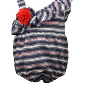 Infant striped blue pink and white and romper for baby girl with flower detail